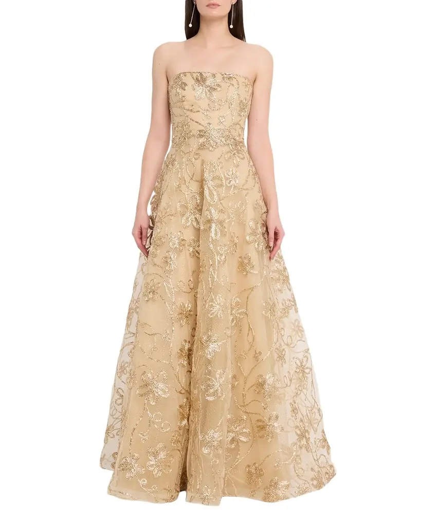 Naeem Khan Strapless Metallic Raffia Embroidered Gown - Women's Clothing