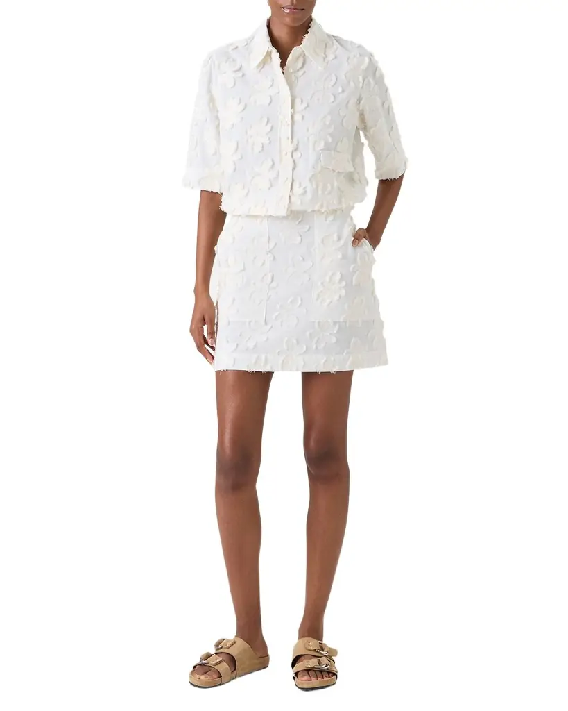 Akris punto 3D Flower Jacquard Elbow-Sleeve Button-Down Blouse