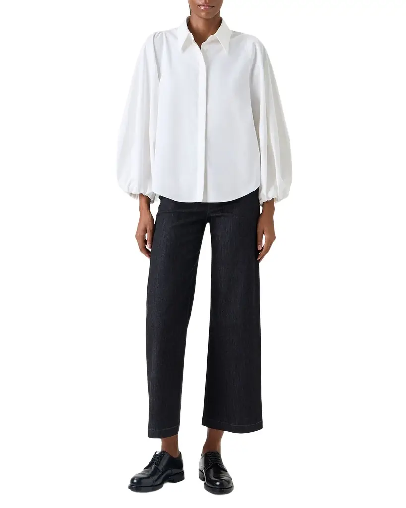 Akris punto Balloon-Sleeve Cotton Satin Button-Down Shirt Blouse