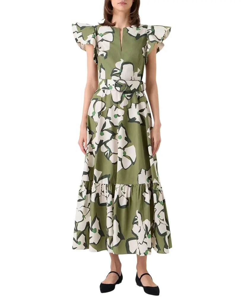 Akris punto Papercut Flower Cotton Ruffle Belted Midi Dress