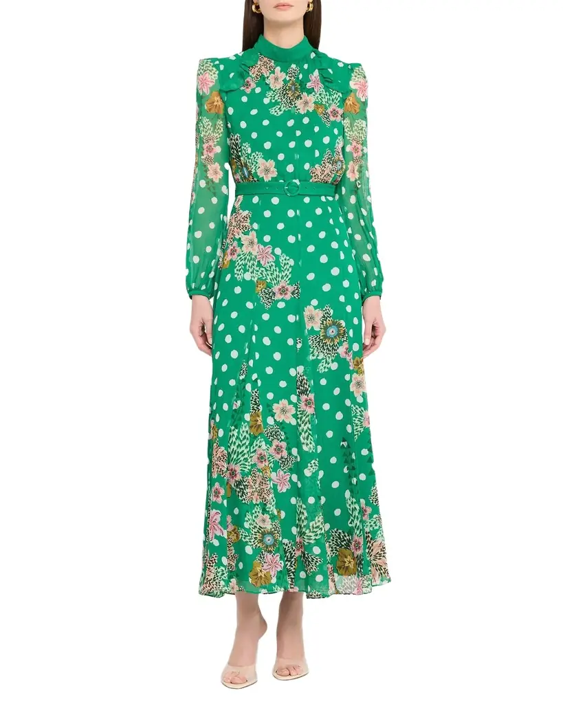 Saloni Jacqui-B Belted Floral Silk Midi Dress