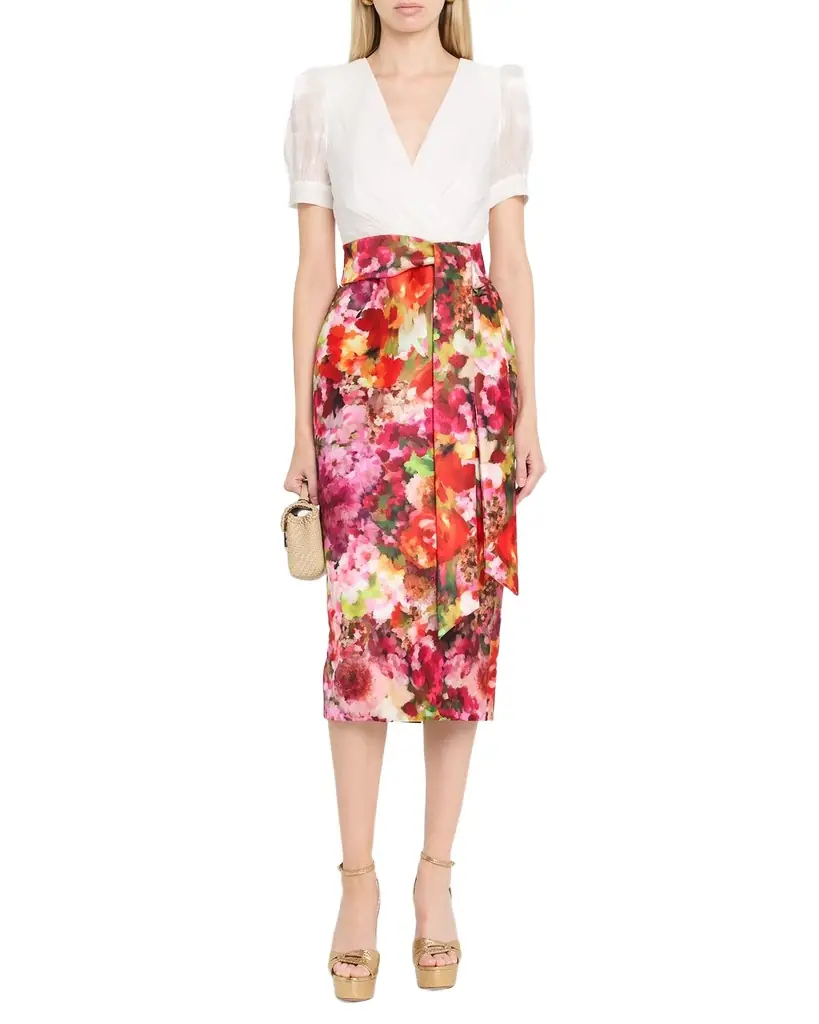 Badgley Mischka Chiffon and Floral-Print Mikado Midi Sheath Dress