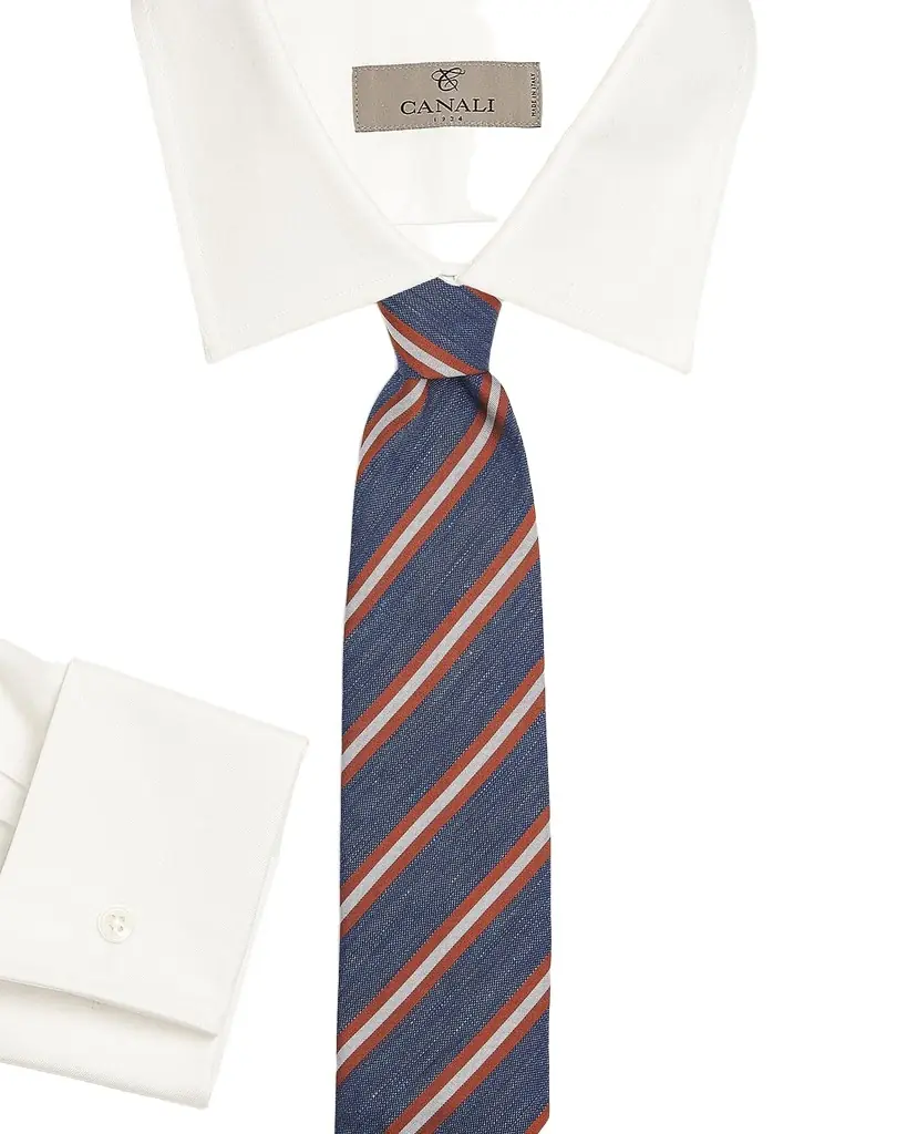 Canali Men 's Navy and Tan Striped Silk Tie
