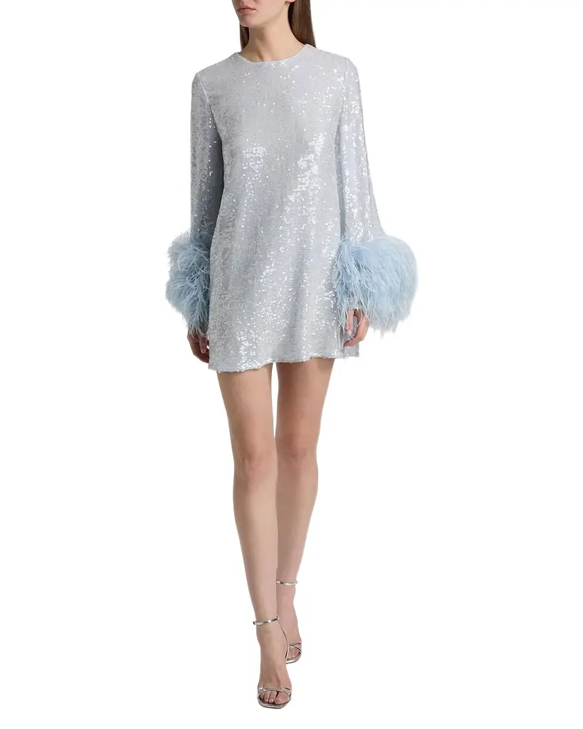 LAPOINTE Feather Cuff Long-Sleeve Sequined Mini Shift Dress