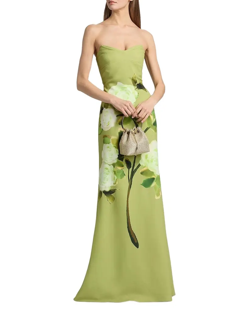 Badgley Mischka Strapless Floral Print Column Gown