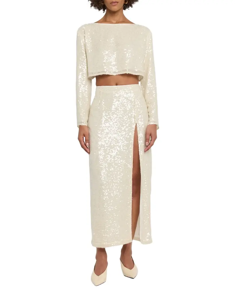 LAPOINTE Sequined Long-Sleeve Boxy Crop Top