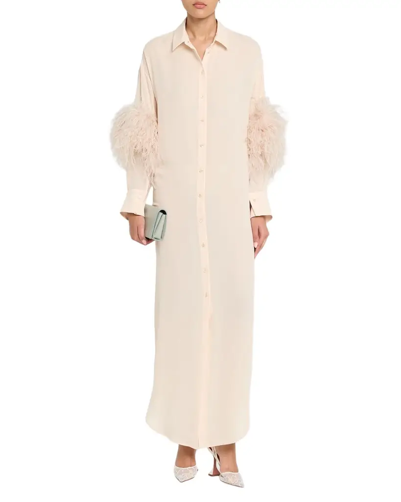 LAPOINTE Feather-Trim Long-Sleeve Georgette Maxi Shirtdress