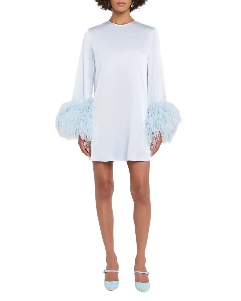 LAPOINTE Long-Sleeve Feather-Trim Satin Mini Shift Dress