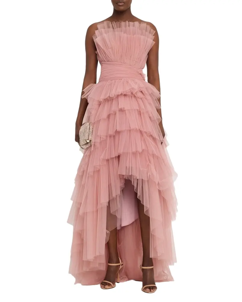 Pamella Roland Strapless Tiered Tulle High-Low Gown