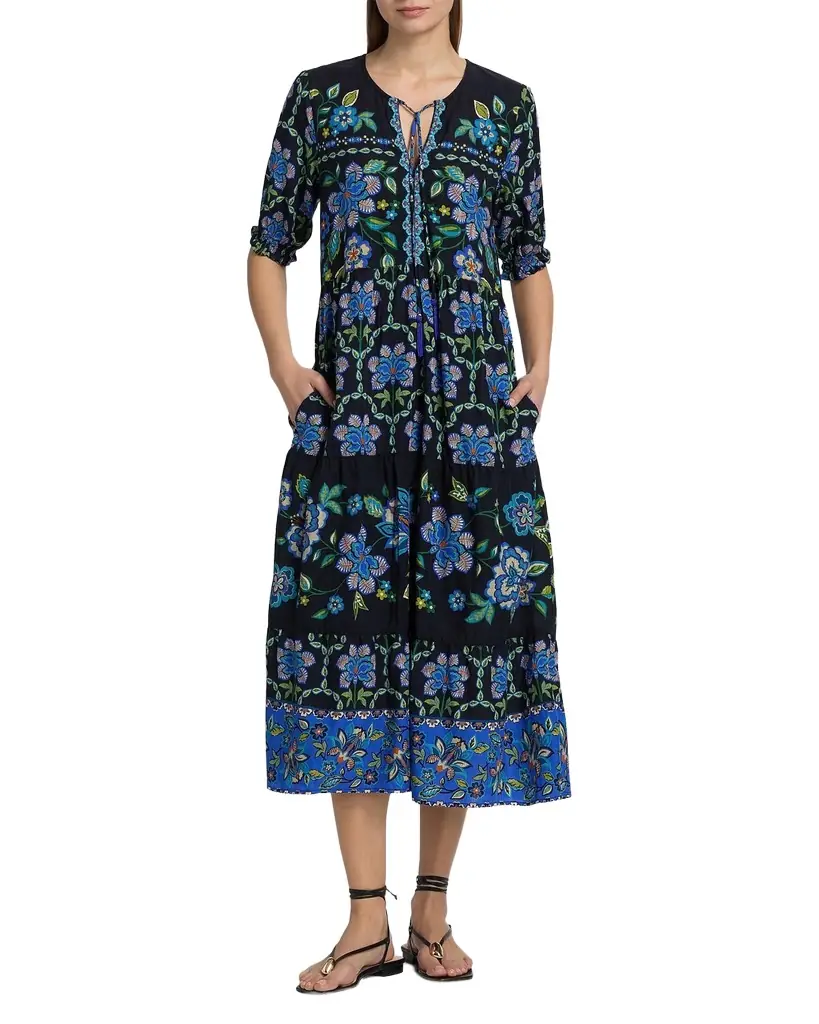 Johnny Was Tiered Floral-Print Midi Dress