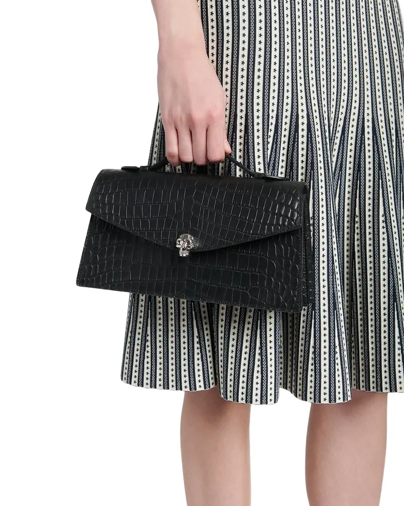 McQueen Skull Top-Handle Bag in Croc-Effect Leather