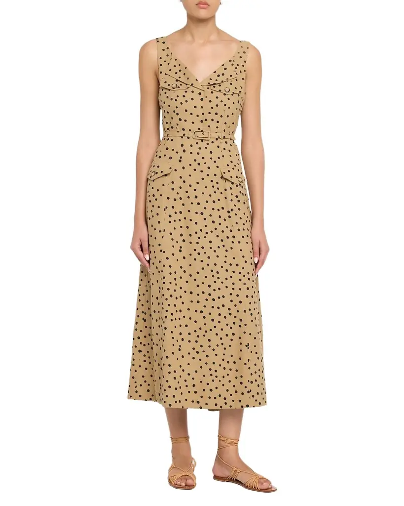 Tanya Taylor Solene Polka-Dot Belted Sleeveless Midi Dress
