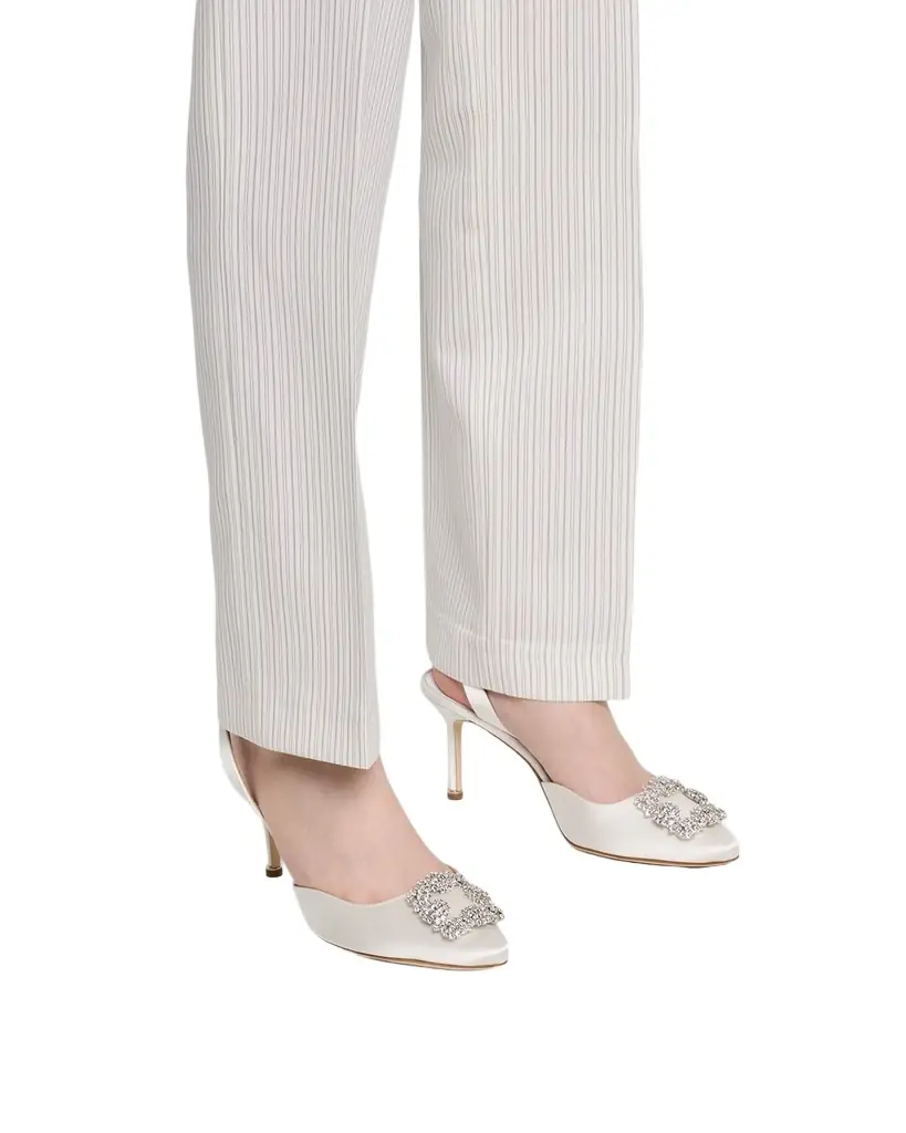 Manolo Blahnik 70mm Hangisli Satin Slingback Pumps with Crystal Buckle