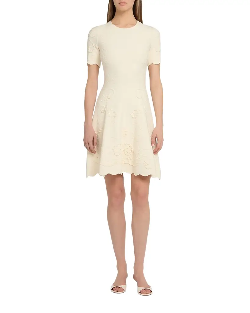 Oscar de la Renta Floral Jacquard Knit Short-Sleeve Mini Dress
