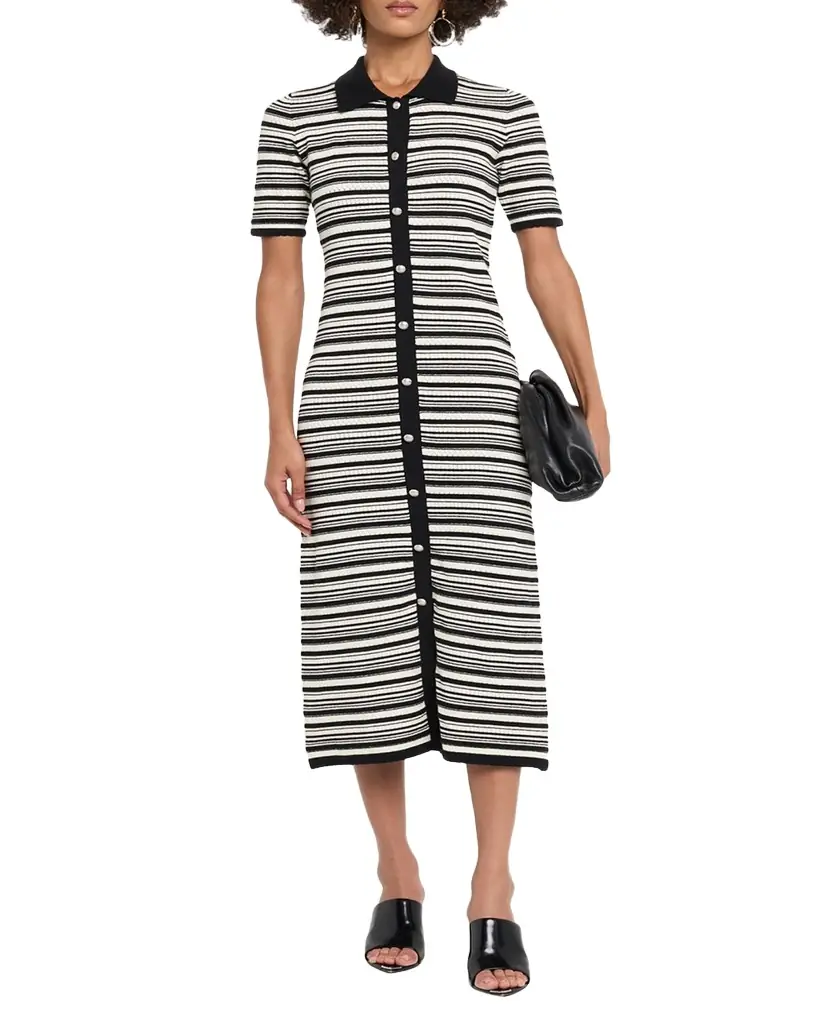 Elie Tahari The Lucine Striped Pointelle-Knit Midi Sweater Dress