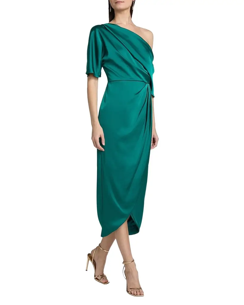 Theia Rayna Draped One-Shoulder High-Low Gown