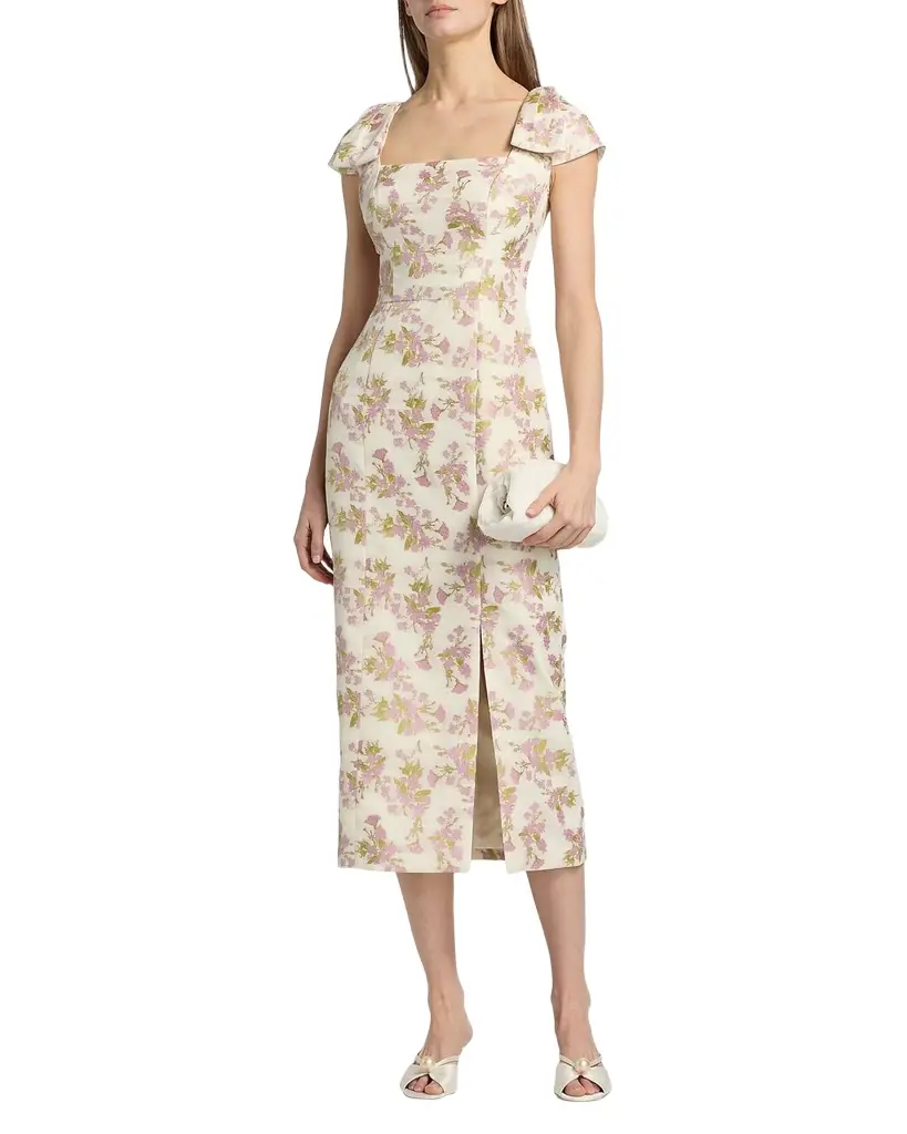 kay unger jacquard cocktail dress The Lottie has it all: a tonal floral jacquard, a statement collar, a cascading ruffle and a pleated chiffon underlay. She'll have you twirling on the dance floor