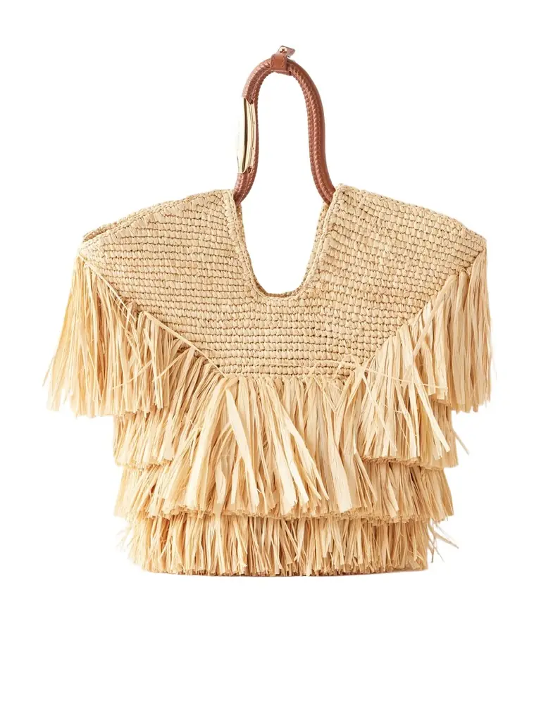 Zimmermann Goldentime Small Leather-trimmed Fringed Raffia Tote
