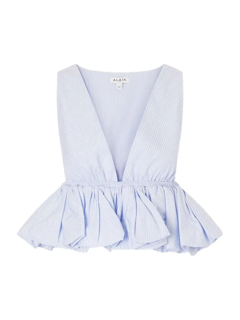 Cropped Ruffled Striped Cotton-poplin Blouse