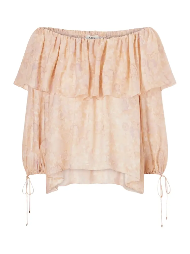 Chloé Off-the-shoulder Ruffled Floral-print Silk-charmeuse Blouse