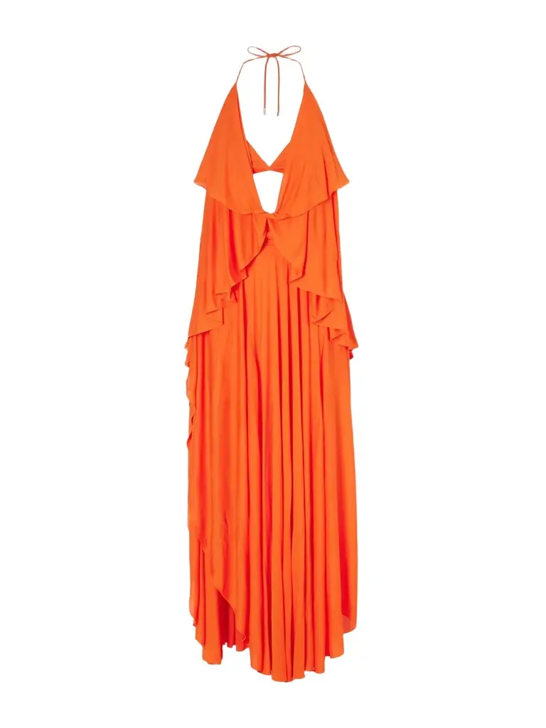 Loewe + Paula’s Ibiza Ruffled Cutout Jersey Halterneck Maxi Dress