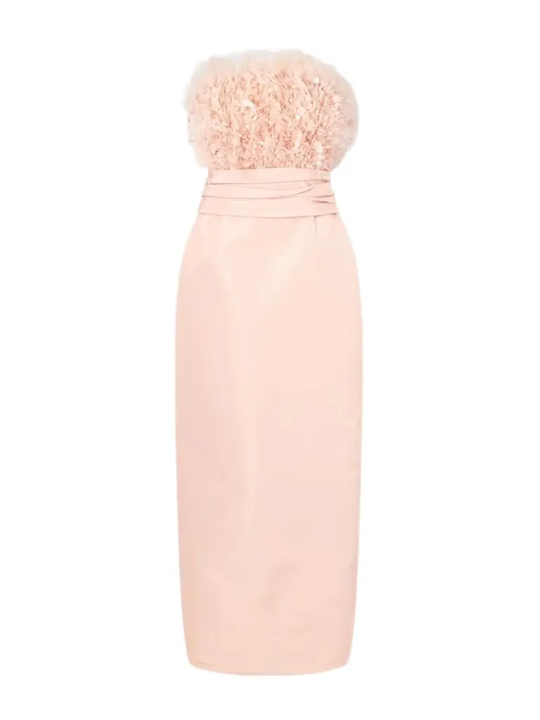 Oscar de la Renta Point D’esprit Strapless Embellished Feather-trimmed Silk-faille Gown