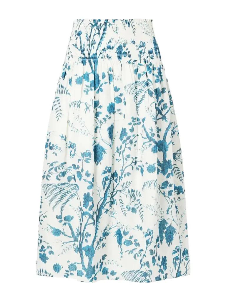 Erdem Shirred Floral-print Cotton And Linen-blend Midi Skirt