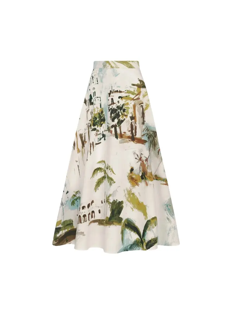 Oscar de la Renta Dominican Landscape Cotton Poplin Skirt
