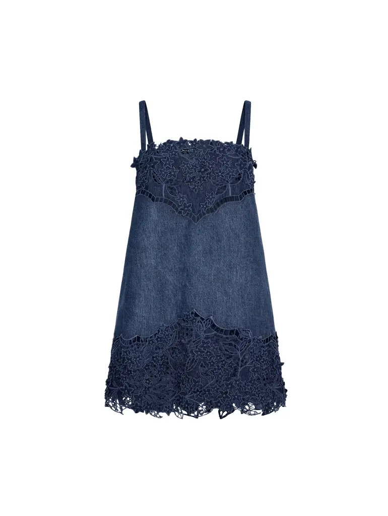 Oscar de la Renta Porcelain Flower Cutout Denim Dress