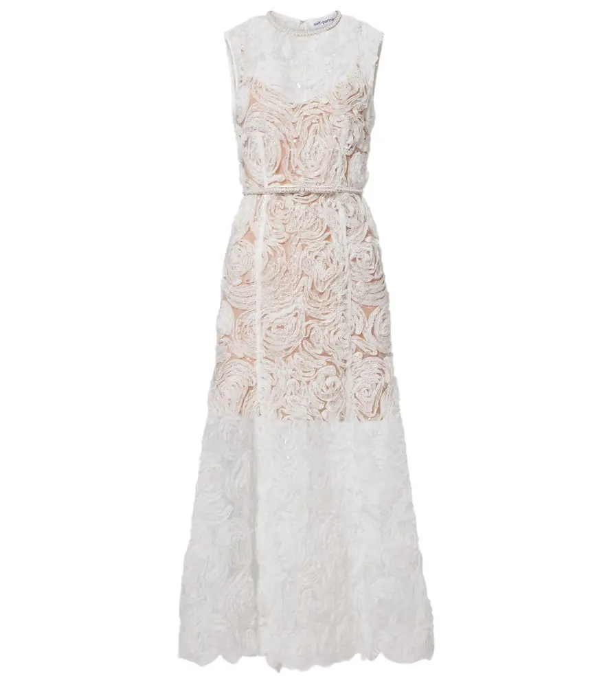 Self-Portrait Embellished lace-trimmed tulle midi dress