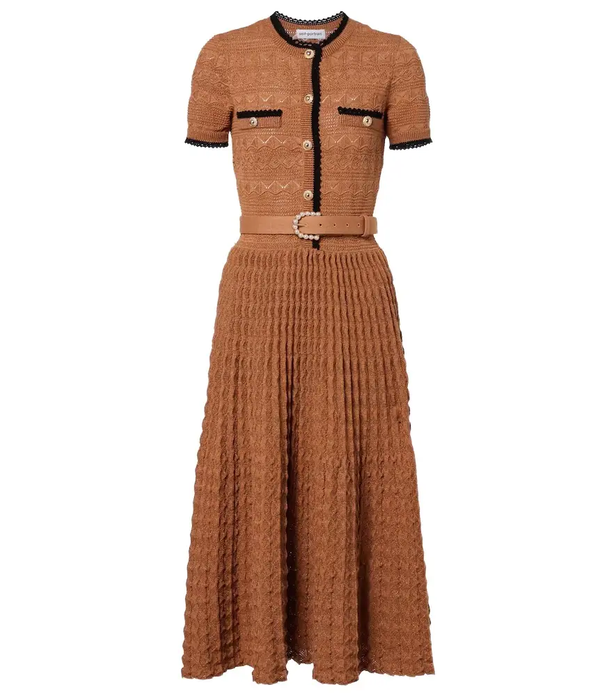 Self-Portrait Belted pointelle cotton-blend midi dress