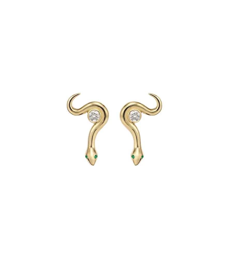 Ileana Makri Serpent Nest 18kt gold earrings with diamonds and emeralds