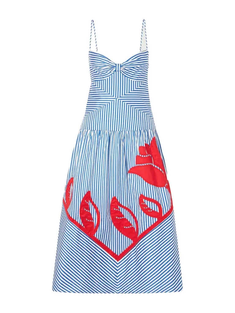 Farm Rio Sky Striped Embroidered Cotton Poplin Midi Dress