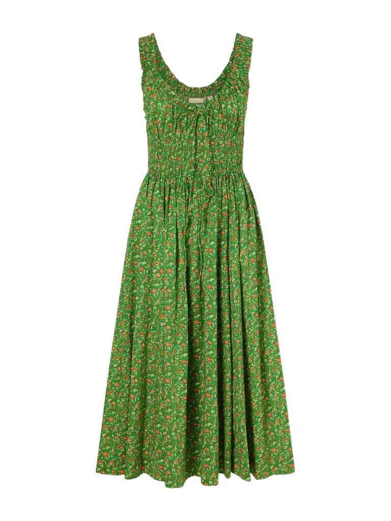 DÔEN Emmaretta Shirred Floral-print Organic Cotton Midi Dress