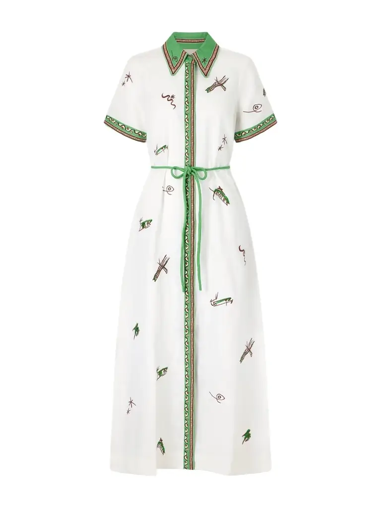 ALÉMAIS Wanda Belted Embroidered Linen Midi Shirt Dress