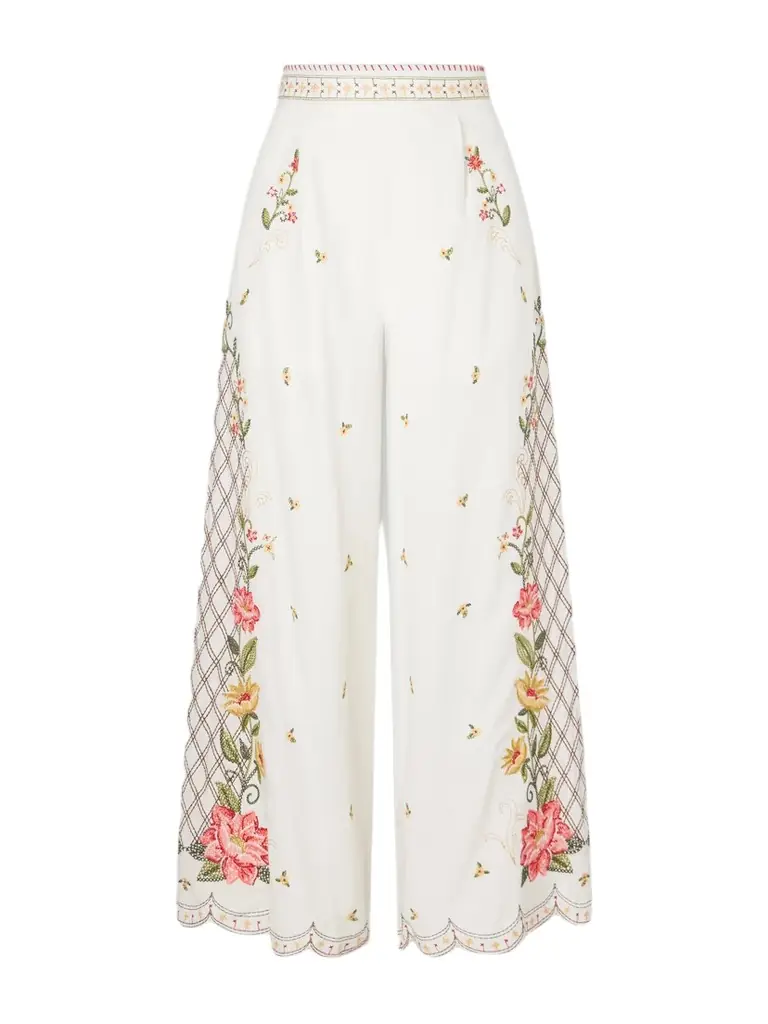 Farm Rio Embroidered Linen-blend Wide-leg Pants