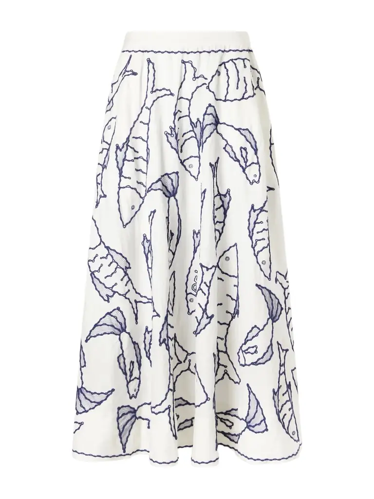 Farm Rio Fresh Fish Embroidered Linen-blend Midi Skirt