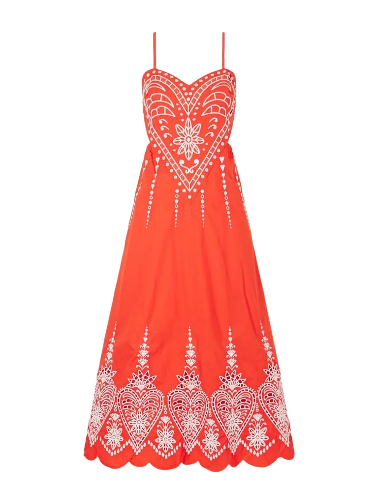 Farm Rio Heart Broderie Anglaise Cotton Midi Dress