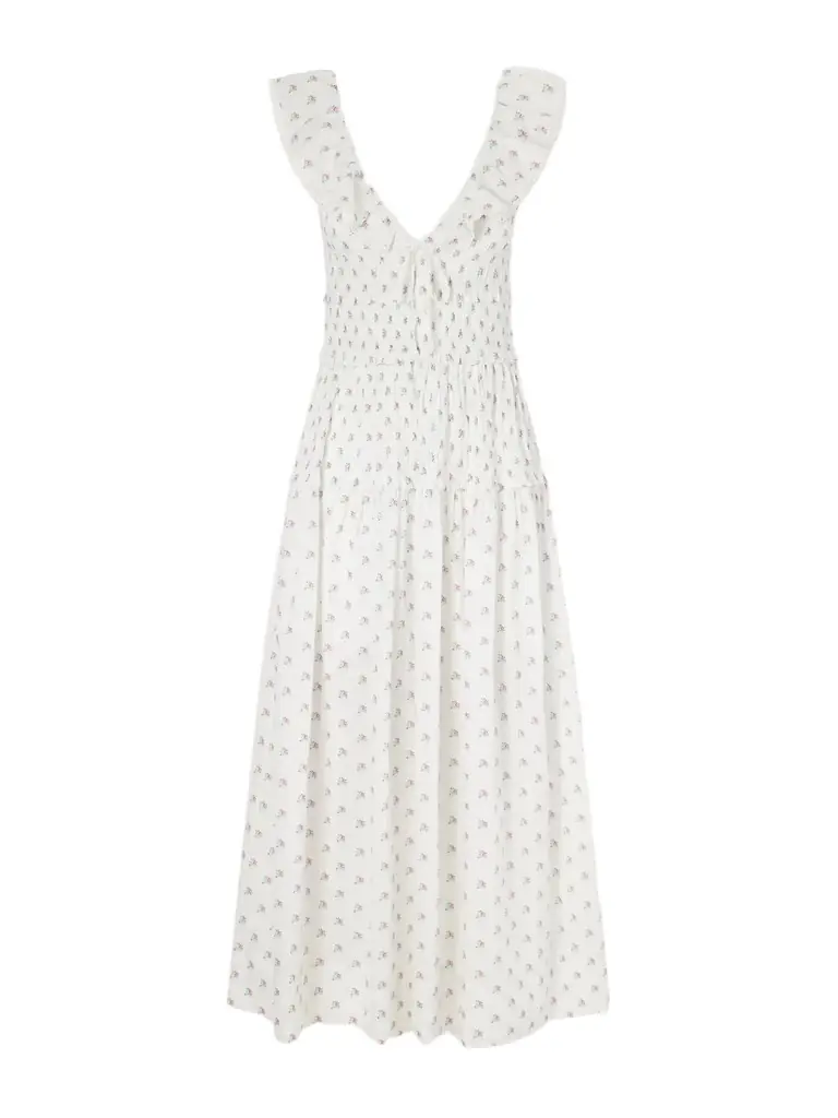 DÔEN Sorina Tiered Embroidered Floral-print Organic Cotton Midi Dress