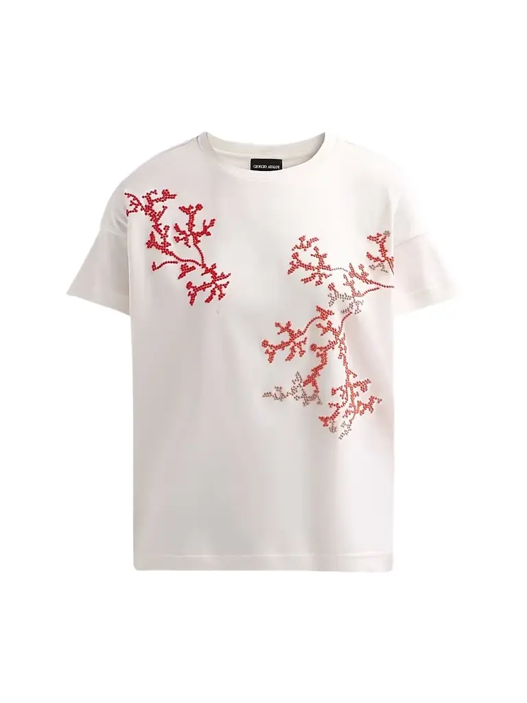 Giorgio Armani Women's Embroidered Silk-Cotton T-Shirt - Solid White