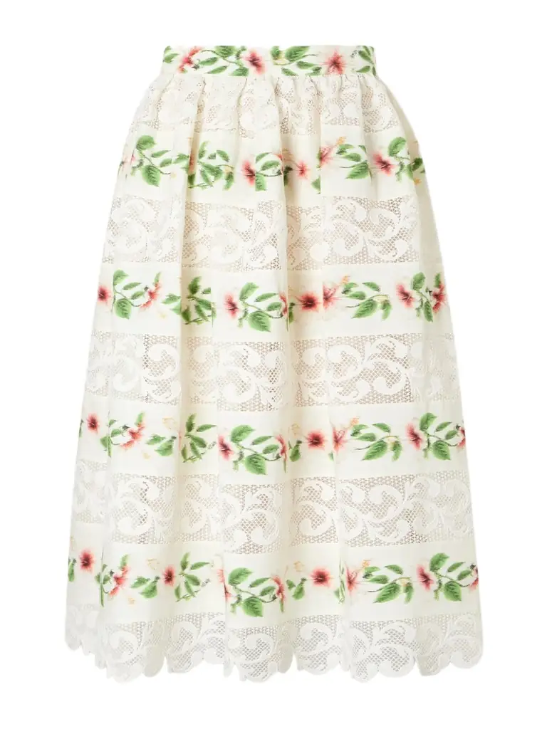 Oscar de la Renta Floral-print Lace-trimmed Cotton-blend Midi Skirt