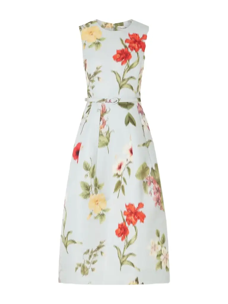 Oscar de la Renta Belted Floral-print Faille Midi Dress