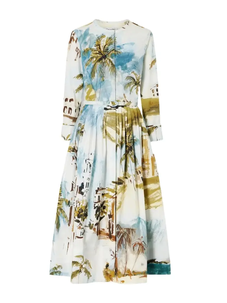 Oscar de la Renta Belted Printed Cotton-blend Midi Dress