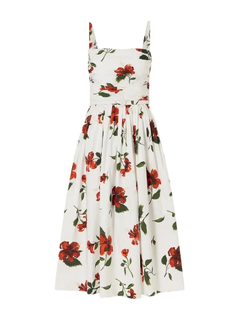 Oscar de la Renta Belted Pleated Floral-print Cotton-blend Poplin Midi Dress