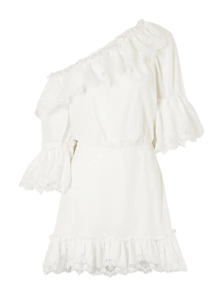 Saint Laurent One-shoulder Guipure-lace Trimmed Cotton-poplin Mini Dress