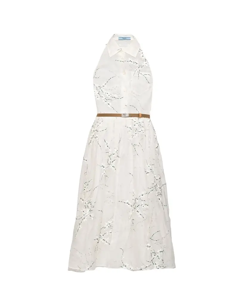 Prada Floral Embroidered Organza Fit-Flare Midi Dress