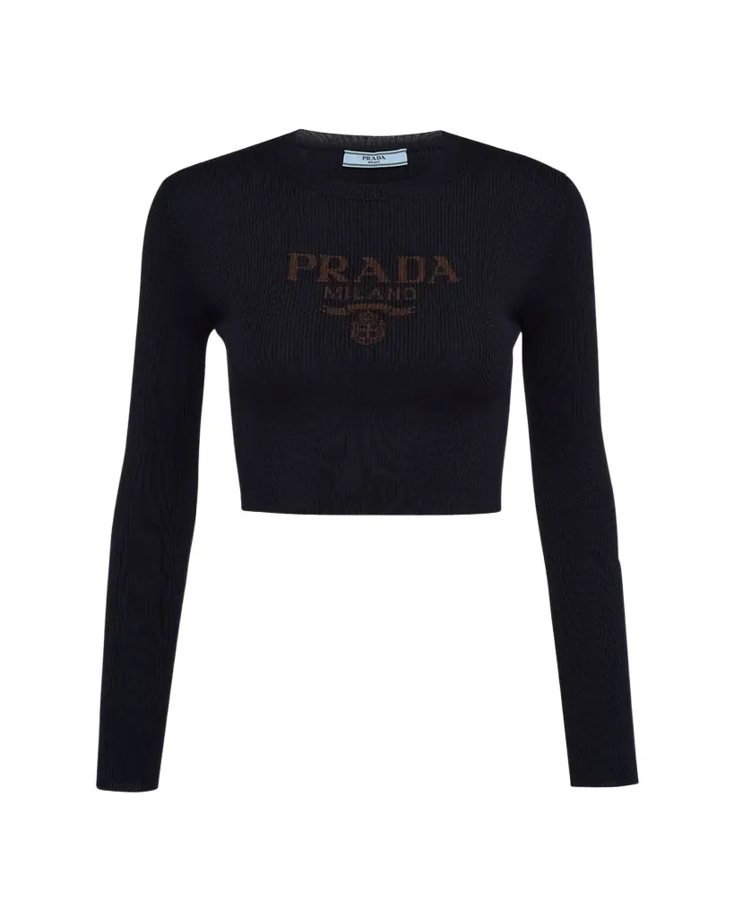 Prada Logo-Intarsia Rib Cropped Silk Sweater