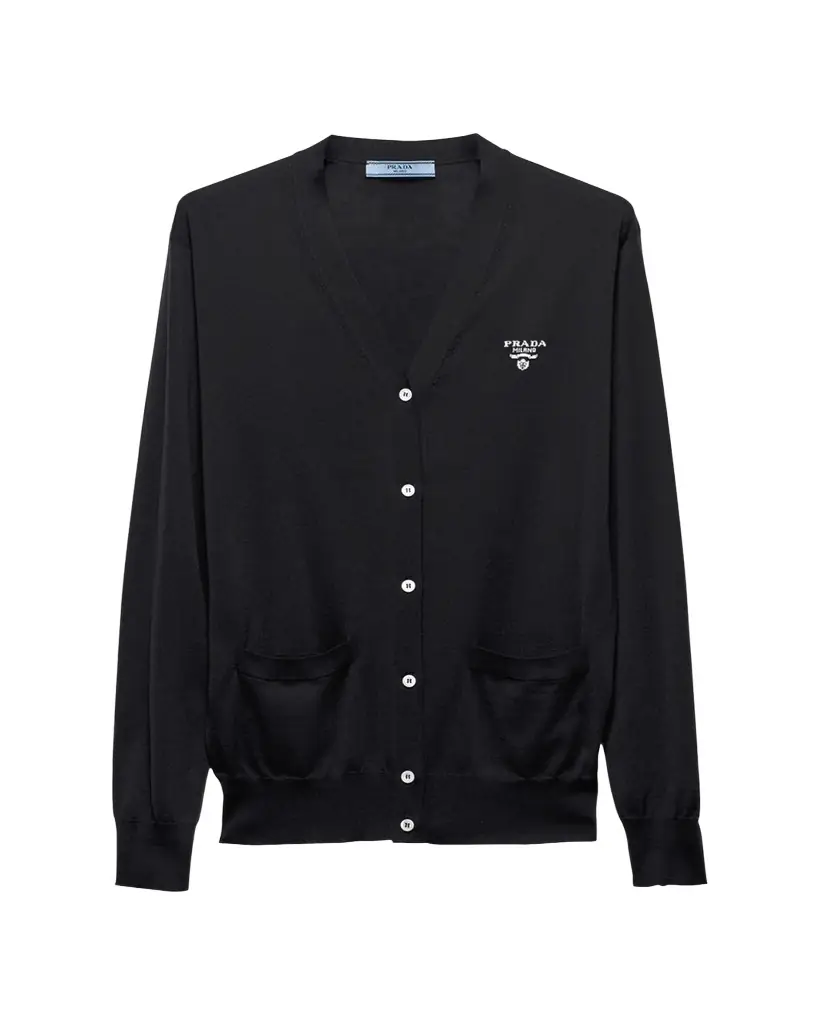 Prada Intarsia Logo Silk Knit Cardigan