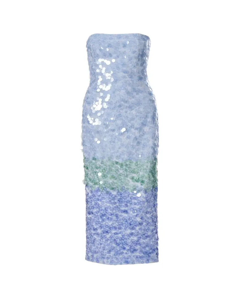 Carolina Herrera Strapless Stripe Sequined Midi Dress