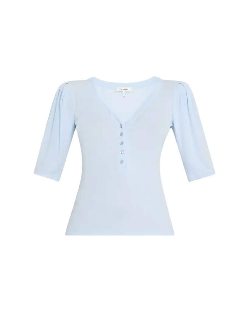 FRAME Rib Ruched Short-Sleeve Henley Top